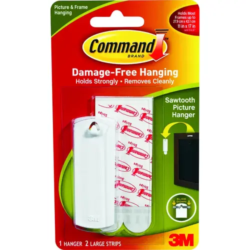 Picture Hanger, 5 lb, Plastic, White, Adhesive Strip Mounting Picture Hanger, 5 lb, Plastic, White, Adhesive Strip Mounting