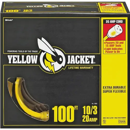 Extension Cord, 10 AWG Cable, 100 ft L, 20 A, 125 V, Yellow Extension Cord, 10 AWG Cable, 100 ft L, 20 A, 125 V, Yellow