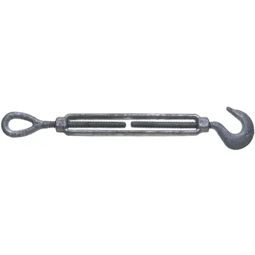 Turnbuckle, 1500 lb Working Load, 1/2 in Thread, Hook, Eye, 12 in L Take-Up, Galvanized Steel Turnbuckle, 1500 lb Working Load, 1/2 in Thread, Hook, Eye, 12 in L Take-Up, Galvanized Steel
