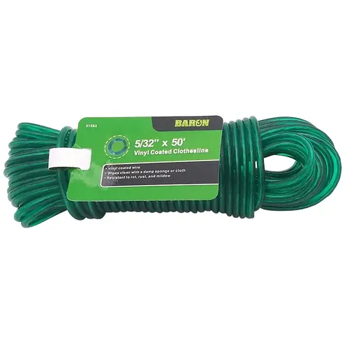 Clothesline, #5, 50 ft L, Plastic/Vinyl, Green, 72 lb Working Load