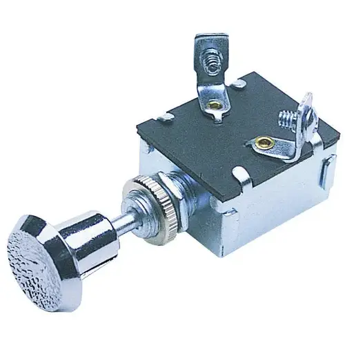 Push/Pull Switch, 15 A, 12 VDC, Screw Terminal, Nickel Housing Material, Chrome Push/Pull Switch, 15 A, 12 VDC, Screw Terminal, Nickel Housing Material, Chrome