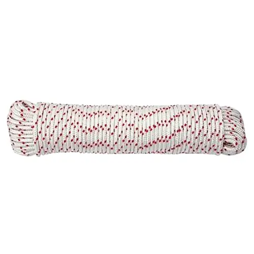 Rope, 5/16 in Dia, 50 ft L, 180 lb Working Load, Polyester, Red/White Rope, 5/16 in Dia, 50 ft L, 180 lb Working Load, Polyester, Red/White