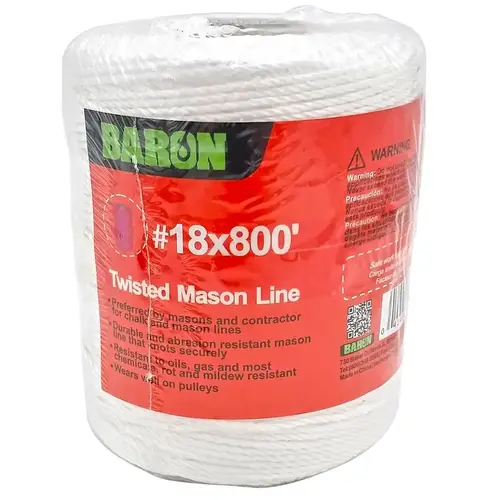 Twisted Mason Line, #18 Dia, 800 ft L, 13 lb Working Load, Polyester, White Twisted Mason Line, #18 Dia, 800 ft L, 13 lb Working Load, Polyester, White