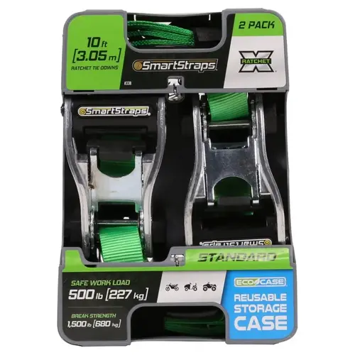 Tie-Down, 1 in W, 10 ft L, Polyester, Green, 500 lb, S-Hook End Fitting, Steel End Fitting Tie-Down, 1 in W, 10 ft L, Polyester, Green, 500 lb, S-Hook End Fitting, Steel End Fitting