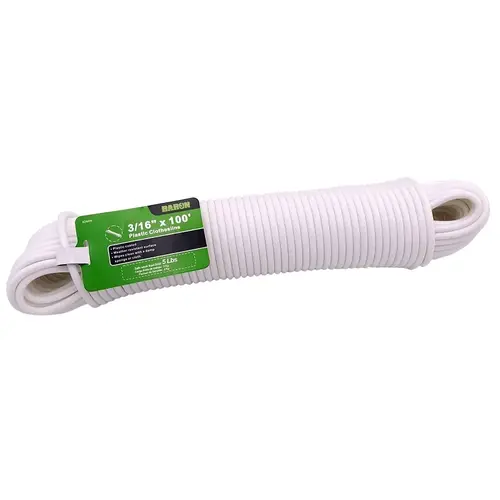 Clothesline, 3/16 in, 100 ft L, Plastic, White