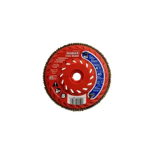 Flap Disc, 4-1/2 in Dia, 5/8-11 Arbor, 40 Grit, Ultra Coarse, Zirconium Abrasive Flap Disc, 4-1/2 in Dia, 5/8-11 Arbor, 40 Grit, Ultra Coarse, Zirconium Abrasive
