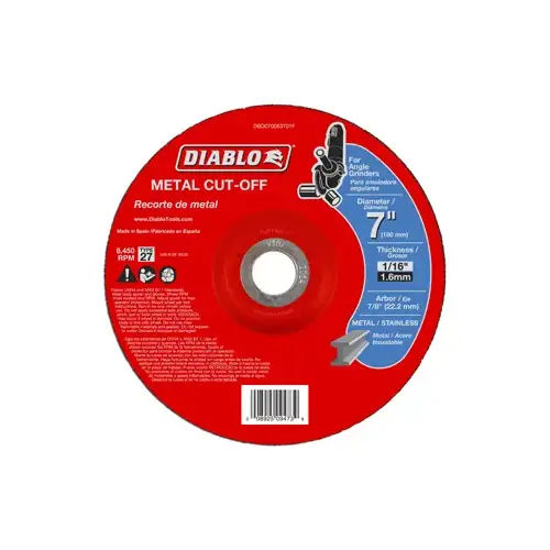 Cut-Off Wheel, 7 in Dia, 1/16 in Thick, 7/8 in Arbor, Aluminum Oxide Abrasive - pack of 5 Cut-Off Wheel, 7 in Dia, 1/16 in Thick, 7/8 in Arbor, Aluminum Oxide Abrasive - pack of 5