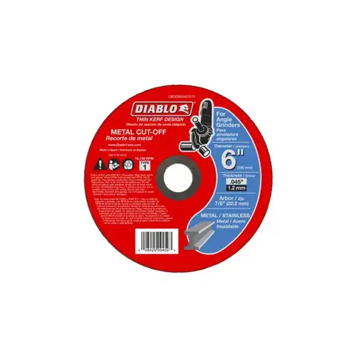 Cut-Off Wheel, 6 in Dia, 0.04 in Thick, 7/8 in Arbor, Aluminum Oxide Abrasive Cut-Off Wheel, 6 in Dia, 0.04 in Thick, 7/8 in Arbor, Aluminum Oxide Abrasive