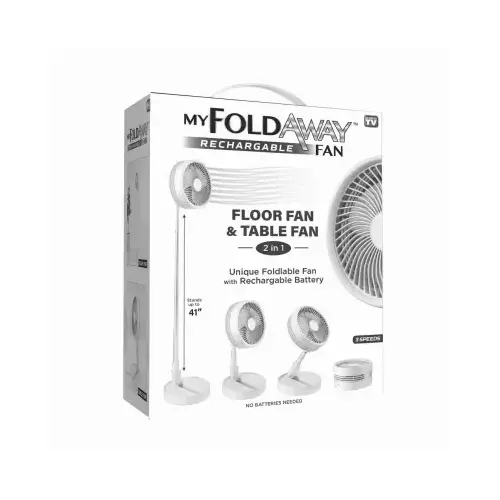 MY FOLDAWAY 2-in-1 Rechargeable Floor and Table Fan, 3 V, Plastic Housing Material, White MY FOLDAWAY 2-in-1 Rechargeable Floor and Table Fan, 3 V, Plastic Housing Material, White
