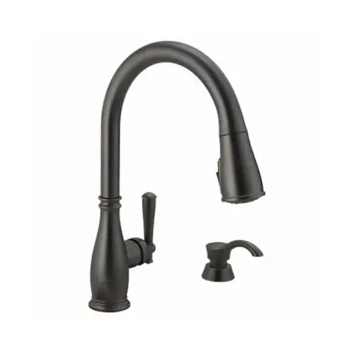 Charmaine Single Handle, High Arc Kitchen Faucet, Pull-Down Spray, ShieldSpray Technology, Soap Dispenser, Venetian Bronze Charmaine Single Handle, High Arc Kitchen Faucet, Pull-Down Spray, ShieldSpray Technology, Soap Dispenser, Venetian Bronze