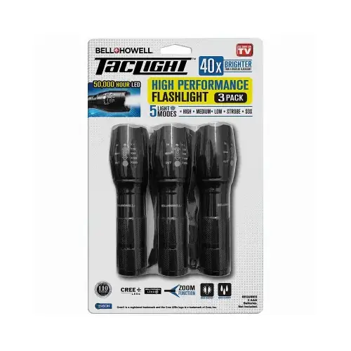 Taclight High-Performance LED Tactical Flashlight, 5 Modes & Zoom Function - pack of 3