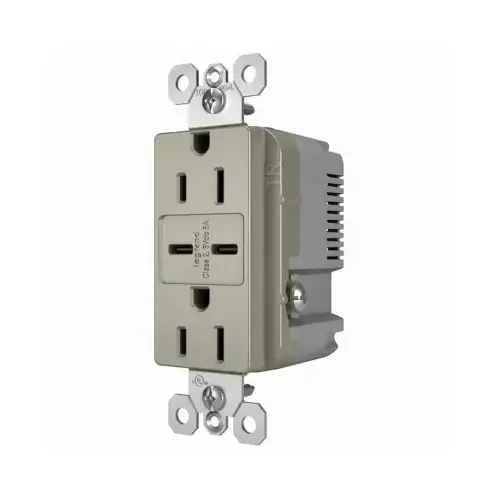 Duplex Outlet + USB Charger, Type C, Nickel, 6.0A, 15-Amp Duplex Outlet + USB Charger, Type C, Nickel, 6.0A, 15-Amp
