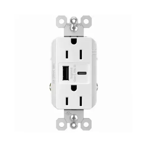 Duplex Outlet + USB Charger, Type A/C, White, 6.0A, 15-Amp Duplex Outlet + USB Charger, Type A/C, White, 6.0A, 15-Amp