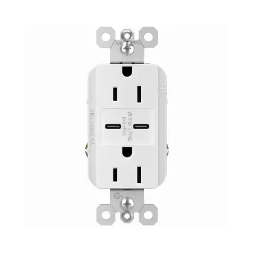 Duplex Outlet + USB Charger, Type C, White, 6.0A, 15-Amp Duplex Outlet + USB Charger, Type C, White, 6.0A, 15-Amp