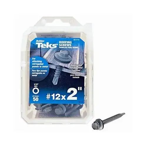 Roofing Screw, #12 Thread, Coarse Thread, Hex Drive, Self-Drilling Point, Steel, Zinc, 50 PK Light Gray - pack of 50