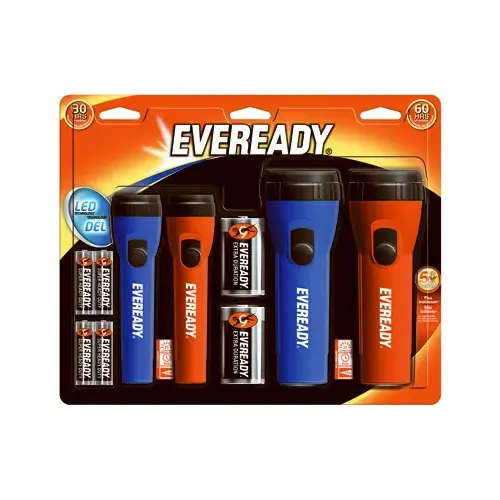 Flashlight, AA, D Battery, Alkaline Battery, LED Lamp, 8 Lumens Lumens, 125 hr Run Time Black/Blue/Red - pack of 4 Flashlight, AA, D Battery, Alkaline Battery, LED Lamp, 8 Lumens Lumens, 125 hr Run Time Black/Blue/Red - pack of 4
