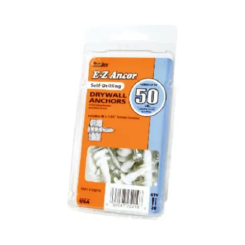 Drywall Anchors, Self-Drilling, Plastic, #50 White - pack of 20