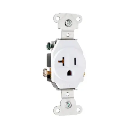 Heavy-Duty Single Receptacle, 2 -Pole, 125 VAC, 20 A, Side Wiring, NEMA: NEMA 5-20R, White