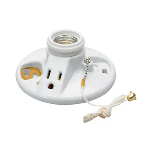 Pullchain Lamp Holder with Cage Neck, 125 V, 250 W, Porcelain Housing Material, White