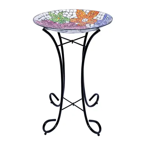 Bird Bath with Stand Multicolored Glass/Metal 23" Floral Multicolored Bird Bath with Stand Multicolored Glass/Metal 23" Floral Multicolored