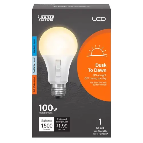 LED Dusk to Dawn Bulb A19 E26 (Medium) Tunable White/Color Changing 100 Watt Equivalen White LED Dusk to Dawn Bulb A19 E26 (Medium) Tunable White/Color Changing 100 Watt Equivalen White