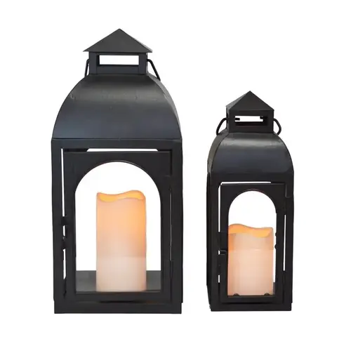 LED Candle Lantern 15" One Mantle Metal Dome Black Black Pair