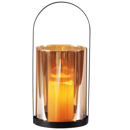 LED Candle Lantern 13.6" One Mantle Glass/Metal Hurricane Black Black