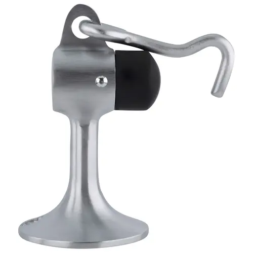 Satin Chrome Floor Mounted Heavy-Duty Door Stop with Hook and Holder Satin Chrome Floor Mounted Heavy-Duty Door Stop with Hook and Holder