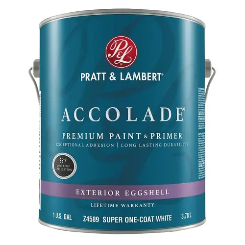 ACCOLADE Z4500 Z4589-16 Exterior Premium Paint and Primer, Eggshell, Super One-Coat White, 1 gal - pack of 4 ACCOLADE Z4500 Z4589-16 Exterior Premium Paint and Primer, Eggshell, Super One-Coat White, 1 gal - pack of 4