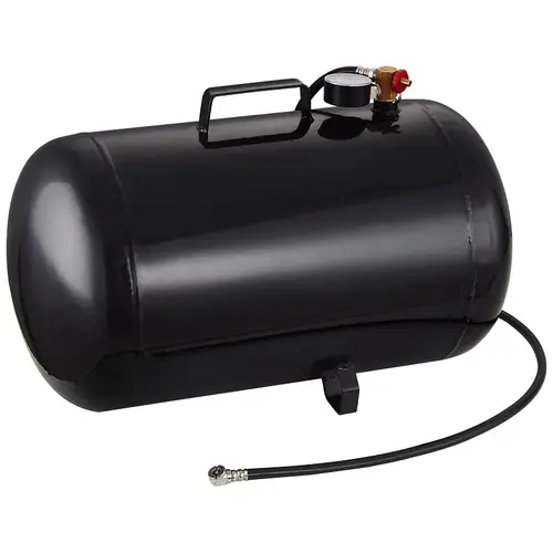 Air Tank, 10 gal Tank, 1/4 in Inlet, 5/16 in Outlet, 85 to 125 psi Pressure, Steel, 2 mm Gauge Black Air Tank, 10 gal Tank, 1/4 in Inlet, 5/16 in Outlet, 85 to 125 psi Pressure, Steel, 2 mm Gauge Black