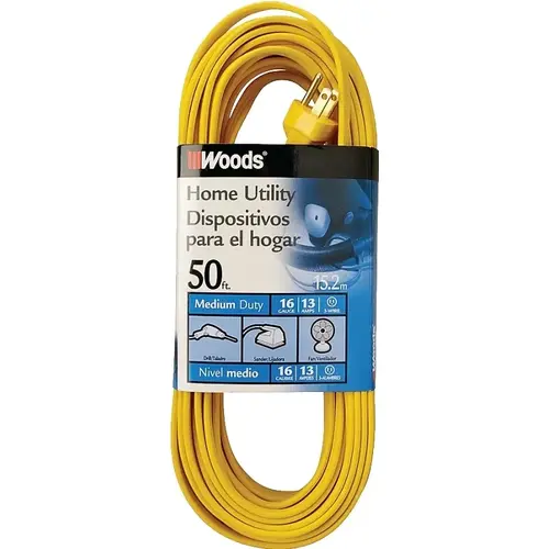 Extension Cord, 16 AWG Cable, 50 ft L, 10 A, 125 V, Yellow