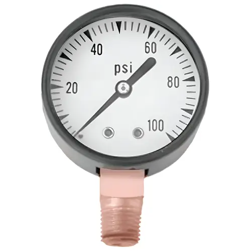 Pressure Gauge, 1/4 in Connection, MPT, 2 in Dial, Steel Gauge Case, 0 to 100 lb, Lower Connection Pressure Gauge, 1/4 in Connection, MPT, 2 in Dial, Steel Gauge Case, 0 to 100 lb, Lower Connection