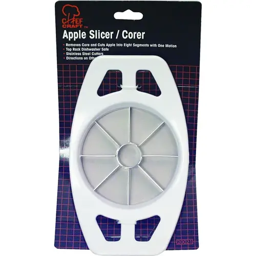 Apple Slicer, Stainless Steel Blade, Plastic Handle, White, Dishwasher Safe: Yes Apple Slicer, Stainless Steel Blade, Plastic Handle, White, Dishwasher Safe: Yes