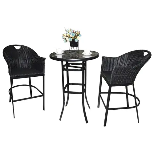 Newport High Bar Chat Set, 3-Piece, 250 lb Seating, Glass Tabletop, Brown Table, Woven Seat Newport High Bar Chat Set, 3-Piece, 250 lb Seating, Glass Tabletop, Brown Table, Woven Seat