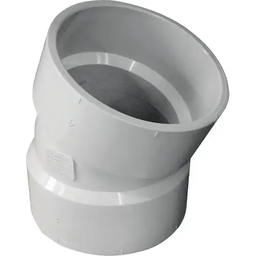 Pipe Elbow, 4 in, Hub, 22.5 deg Angle, PVC, White Pipe Elbow, 4 in, Hub, 22.5 deg Angle, PVC, White