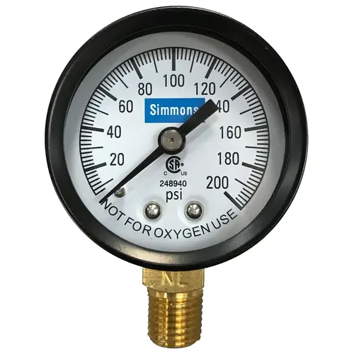 Pressure Gauge, 1/4 in Connection, MPT, 2 in Dial, Steel Gauge Case, 0 to 200 lb, Lower Connection Pressure Gauge, 1/4 in Connection, MPT, 2 in Dial, Steel Gauge Case, 0 to 200 lb, Lower Connection
