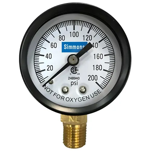 Pressure Gauge, 1/4 in Connection, MPT, 2 in Dial, Steel Gauge Case, 0 to 200 lb, Lower Connection Pressure Gauge, 1/4 in Connection, MPT, 2 in Dial, Steel Gauge Case, 0 to 200 lb, Lower Connection