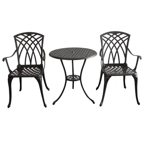 Bistro Set, KD Construction, 3-Piece, 225 lbs Seating, Aluminum Tabletop, Antique Bronze Seat Bistro Set, KD Construction, 3-Piece, 225 lbs Seating, Aluminum Tabletop, Antique Bronze Seat