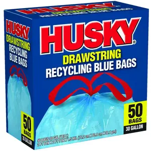 Husky HK30DS050BU Trash Bag with Drawstring, 30 gal Capacity, Blue - pack of 50