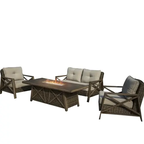 Yukon Deep Seating Fire Pit Set with 72 in Table, Aluminum Frames with Woven Wicker Natural White