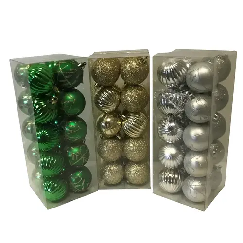 Decorated Ball Ornament, 50 mm H, PVC, Blue/Gold/Green/Purple/Red/Silver - pack of 48