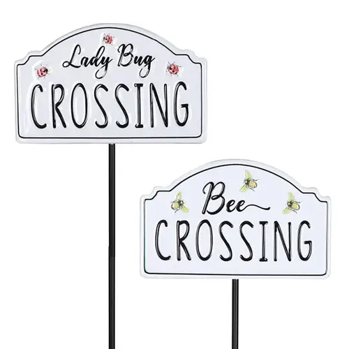 Yard Stake Black/White Metal 26" H Lady Bug and Bee Crossing Black/White