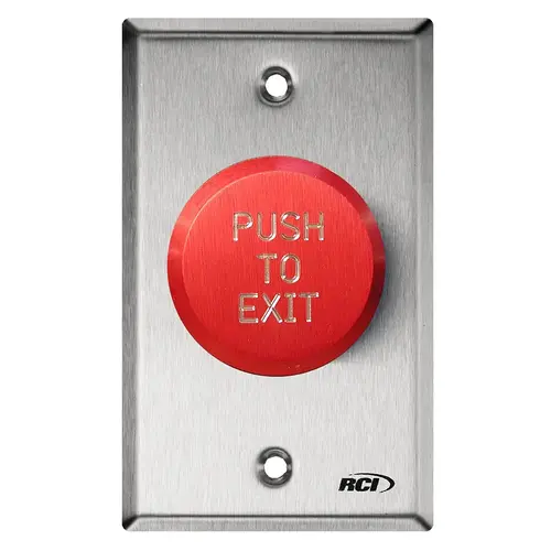 991 Series Pneumatic Time Delay Pushbutton, Red Button, 2 to 45 Second Delay, "Push to Exit", Brushed Stainless Steel Finish Applied