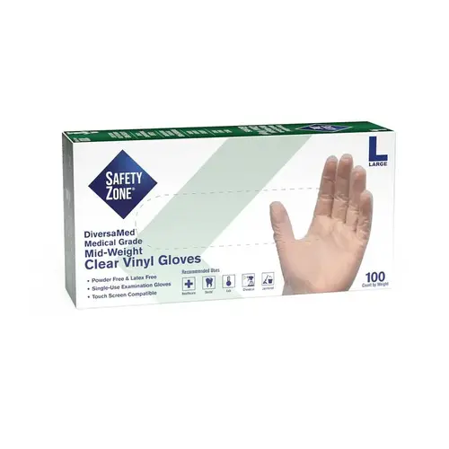 Medical Grade Powder Free Vinyl Disposable Gloves, Clear, Large