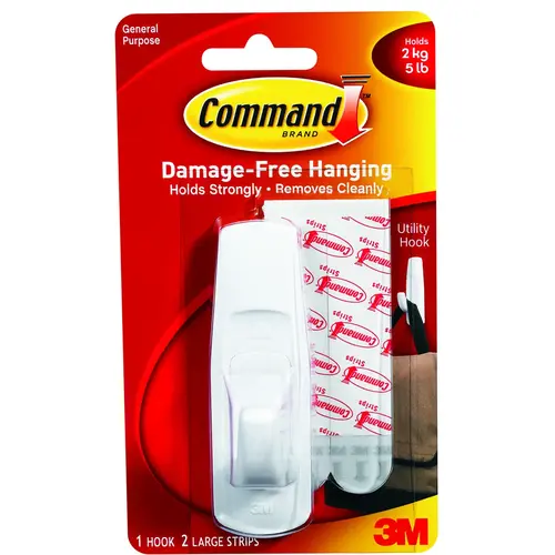 Utility Hook, 7/8 in Opening, 5 lb, 1-Hook, Plastic, White Utility Hook, 7/8 in Opening, 5 lb, 1-Hook, Plastic, White