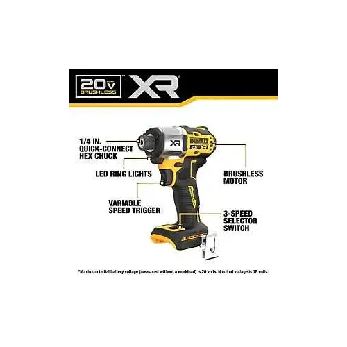 XR Series Impact Driver Kit, Battery Included, 20 V, 5 Ah, 1/4 in Drive, 4200 ipm, 3400 rpm Speed XR Series Impact Driver Kit, Battery Included, 20 V, 5 Ah, 1/4 in Drive, 4200 ipm, 3400 rpm Speed