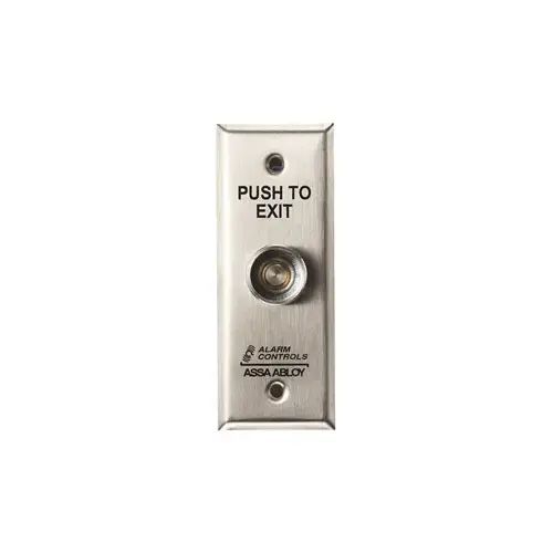 5/16" Dia. Button, "PUSH TO EXIT", Pneumatic Time Delay, Narrow Plate, Satin Stainless Steel 5/16" Dia. Button, "PUSH TO EXIT", Pneumatic Time Delay, Narrow Plate, Satin Stainless Steel