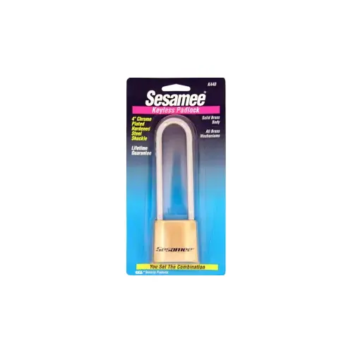 Sesamee Padlock, All Brass Body-Internals, 4-Dial Resettable, 4" Chrome Hardened Shackle - Carded Sesamee Padlock, All Brass Body-Internals, 4-Dial Resettable, 4" Chrome Hardened Shackle - Carded