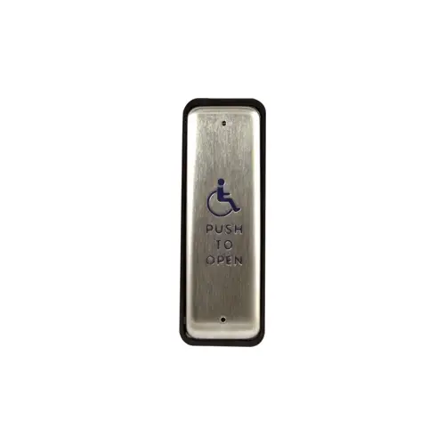 Stainless steel push plate, 1.5 In. by 4.75 In., in jamb plate, blue hadicap logo and text