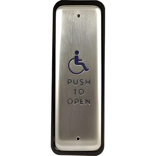 Stainless steel push plate, 1.5 In. by 4.75 In., in jamb plate, blue hadicap logo and text Stainless steel push plate, 1.5 In. by 4.75 In., in jamb plate, blue hadicap logo and text